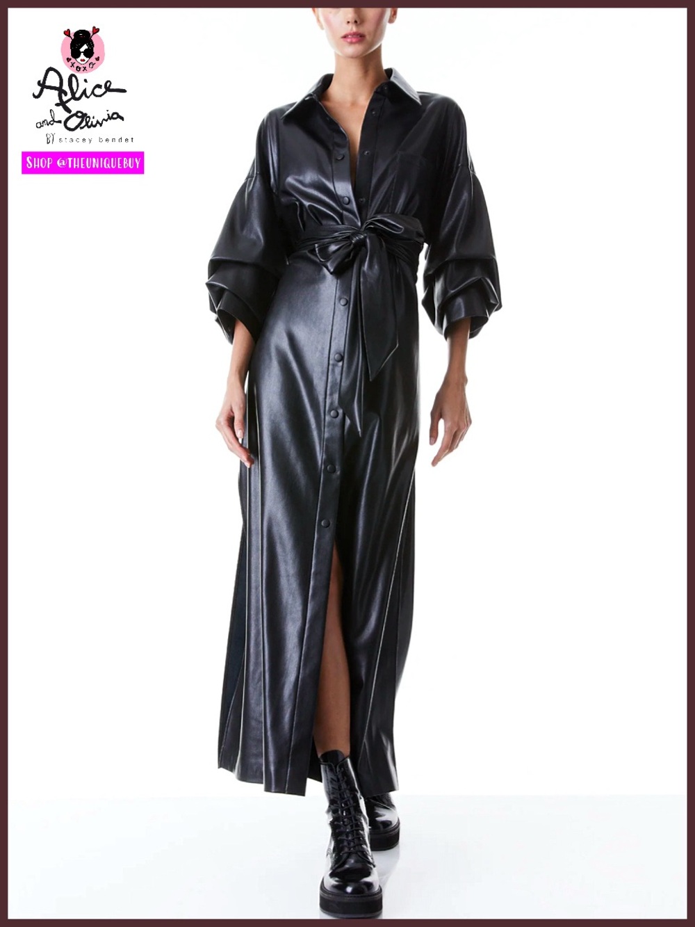 Alice + Olivia Tanika Vegan Leather Button Front Collared Black Maxi Dress